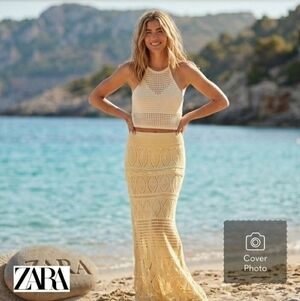 Zara Pale Yellow Crochet Maxi Skirt Boho High Waisted Lace Knit Cream Large